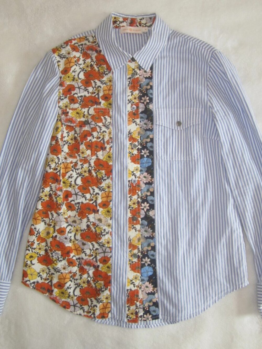 TORY BURCH Striped Button Up Shirt Floral Front Panel Women's 10
